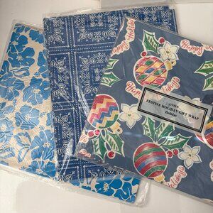 3 sets of vintage gift wrap NWT Christmas, Hawaiian and Bandana themed